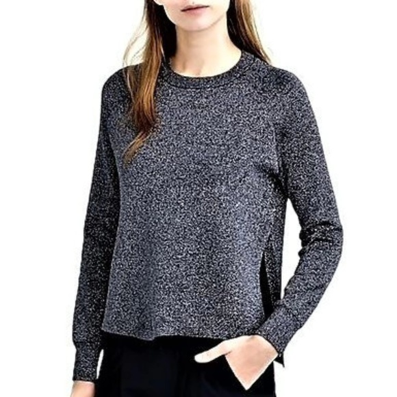 MeTaLLiC Knit J Crew Black Sweater Long Sleeve Open Side Slits Silver Sparkle M - Picture 2 of 7